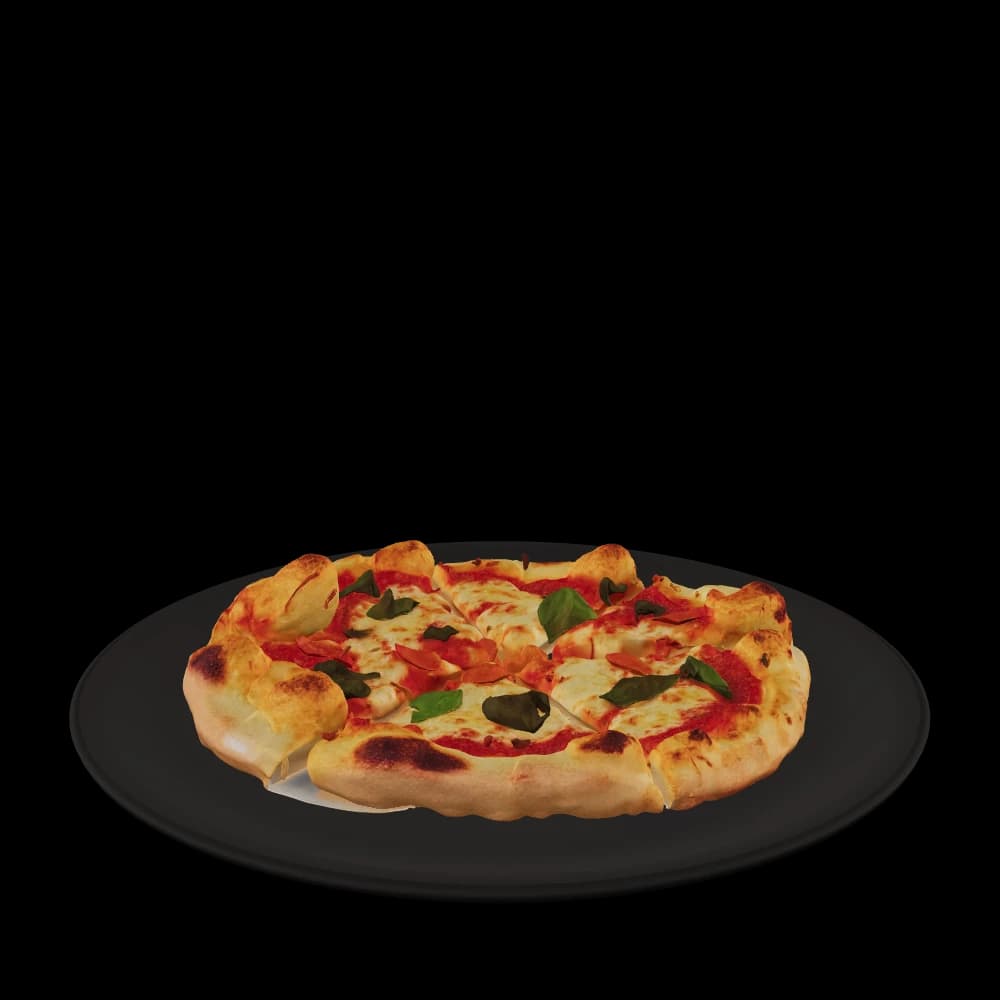 Modelo 3D interativo de uma pizza Margherita com muçarela fresca e manjericão — arraste para girar